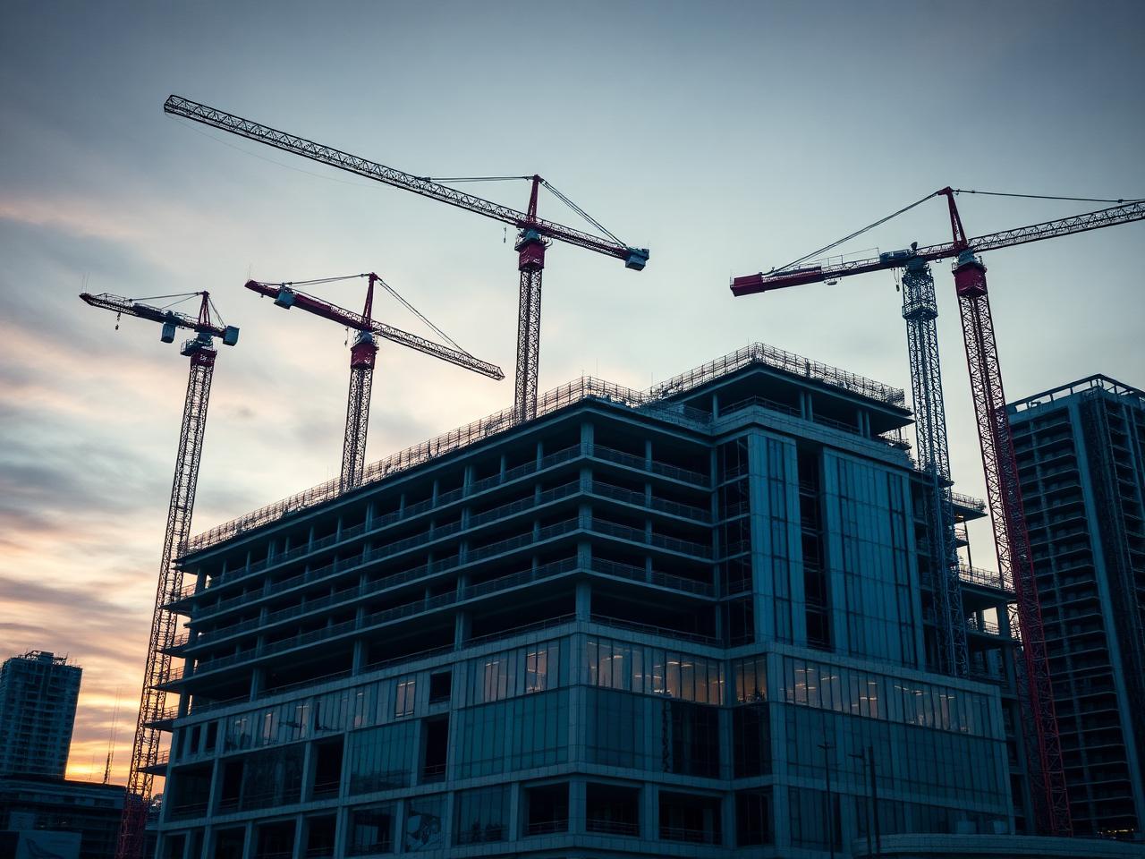 Construction site with cranes at dusk